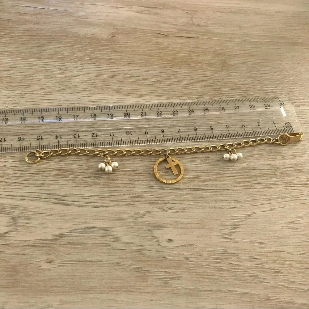 Vintage Gold Tone Cross Faux Pearl Brace - Image 2