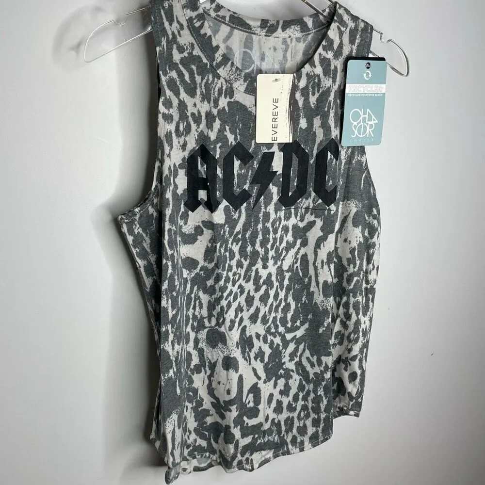 New Chaser AC/DC Band Logo Tank Leopard Cheetah Print Women XSmall White Gray Xs - Image 3