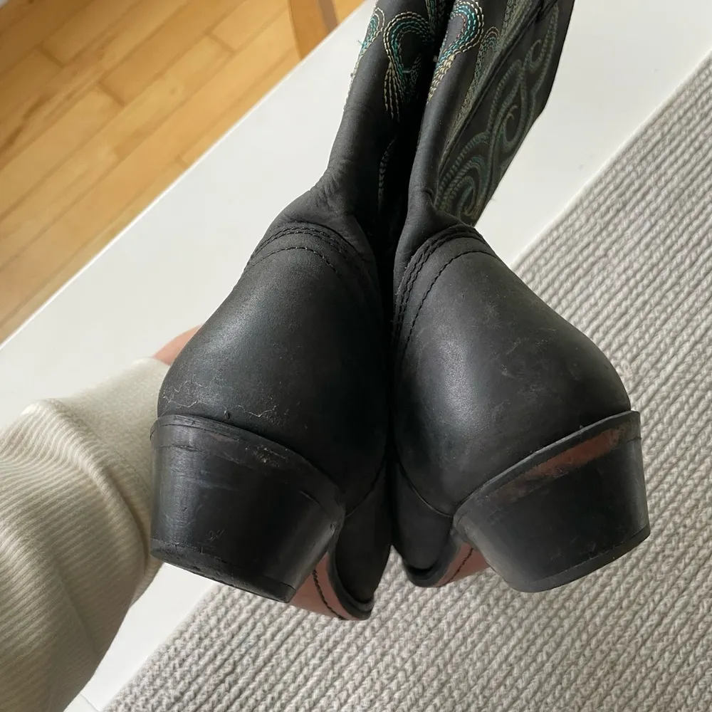 Vintage Smokey Mountain Teal Brown Embroidered Black Leather Cowboy Boots Size 8 - Image 14