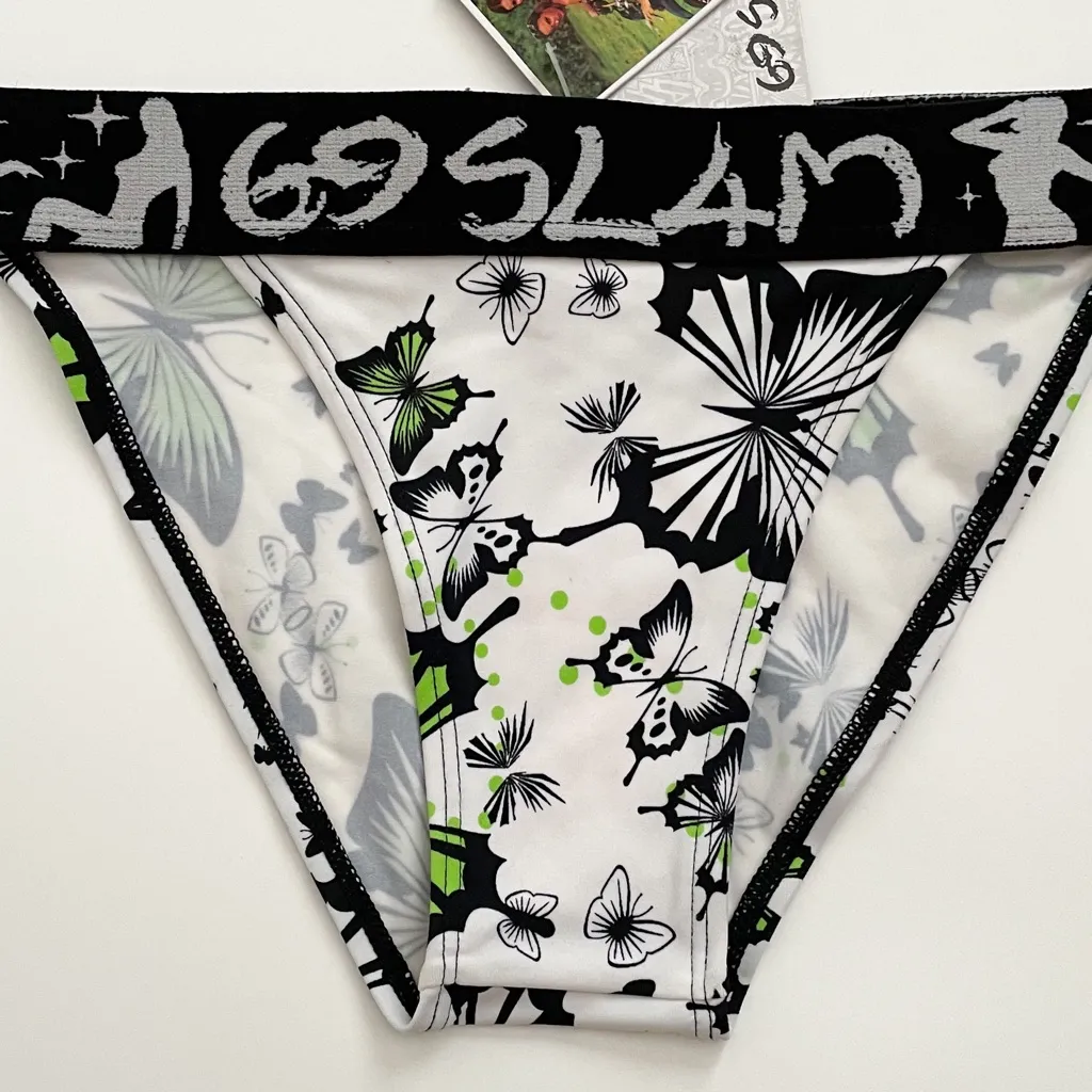 69 Slam White Black Green Butterfly Bikini Bottoms NWT Small Elastic Waistband - Image 2