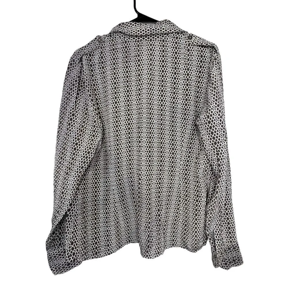 Talbots Brown and White Geometric Silk Professional Long Sleeve Blouse - Image 4