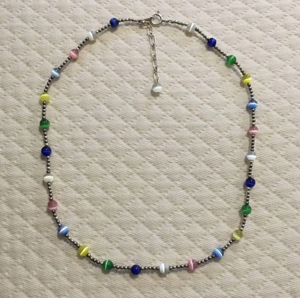 VTG Sterling Silver Multicolor Cats Eye Station Beaded Choker Necklace Extension - Image 14