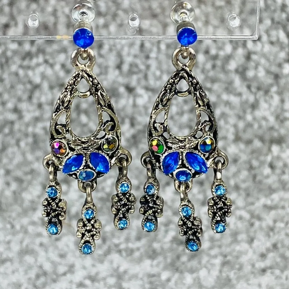 Earrings Pierced Dangle Drop Silver Color Metal Shades of Blue Rhinestones - Image 7