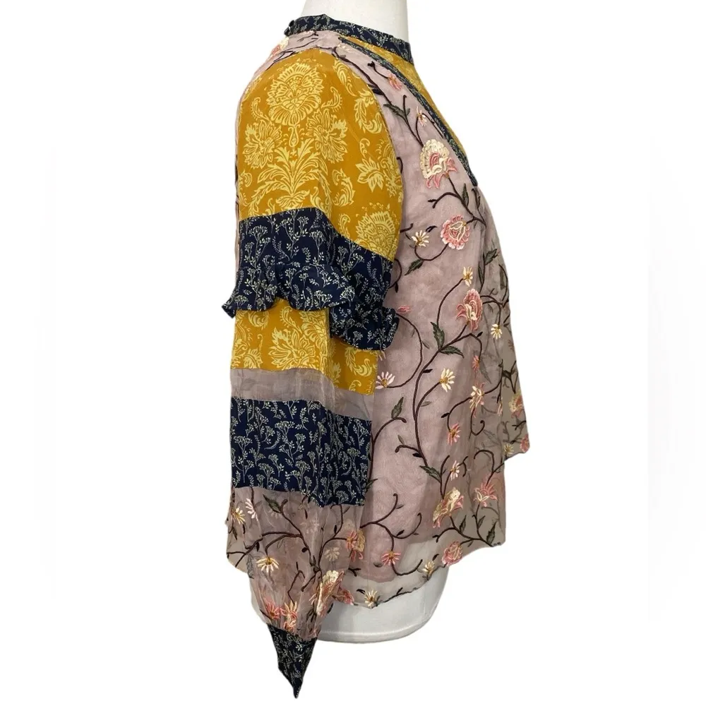 Anthropologie Let me be love actually boho embroidered silk blouse Size L - Image 7