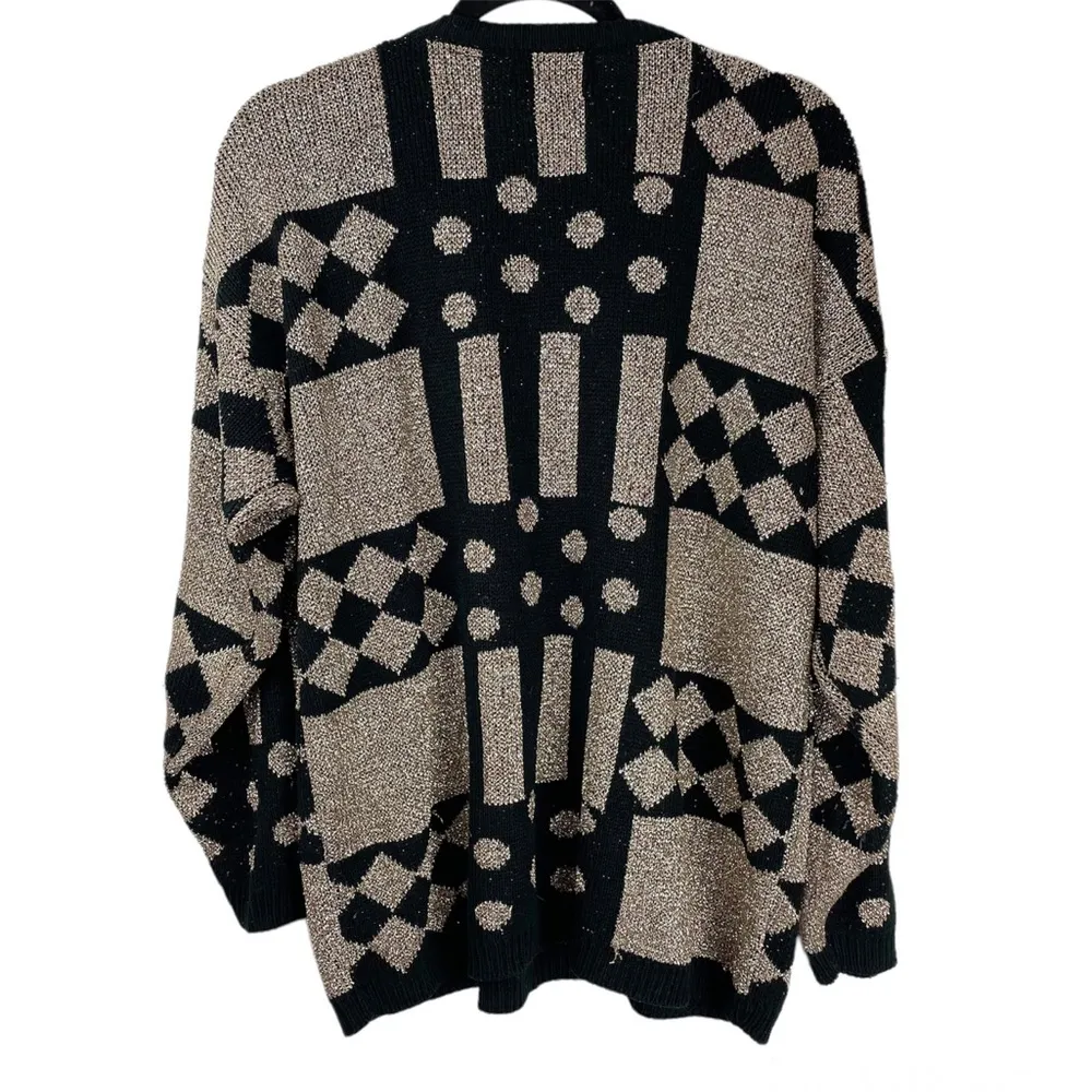 Vtg Gold Metallic Sweater Sz XL Geometric Polka Dot Print Black - Image 2