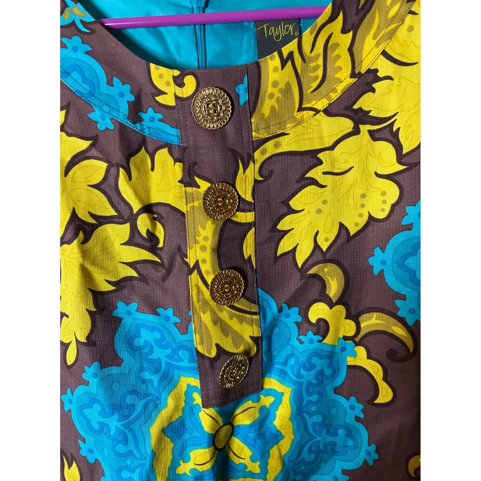Taylor Dresses Size 10 Brown Turquoise Yellow Floral Sleeveless Button Dress - Image 2