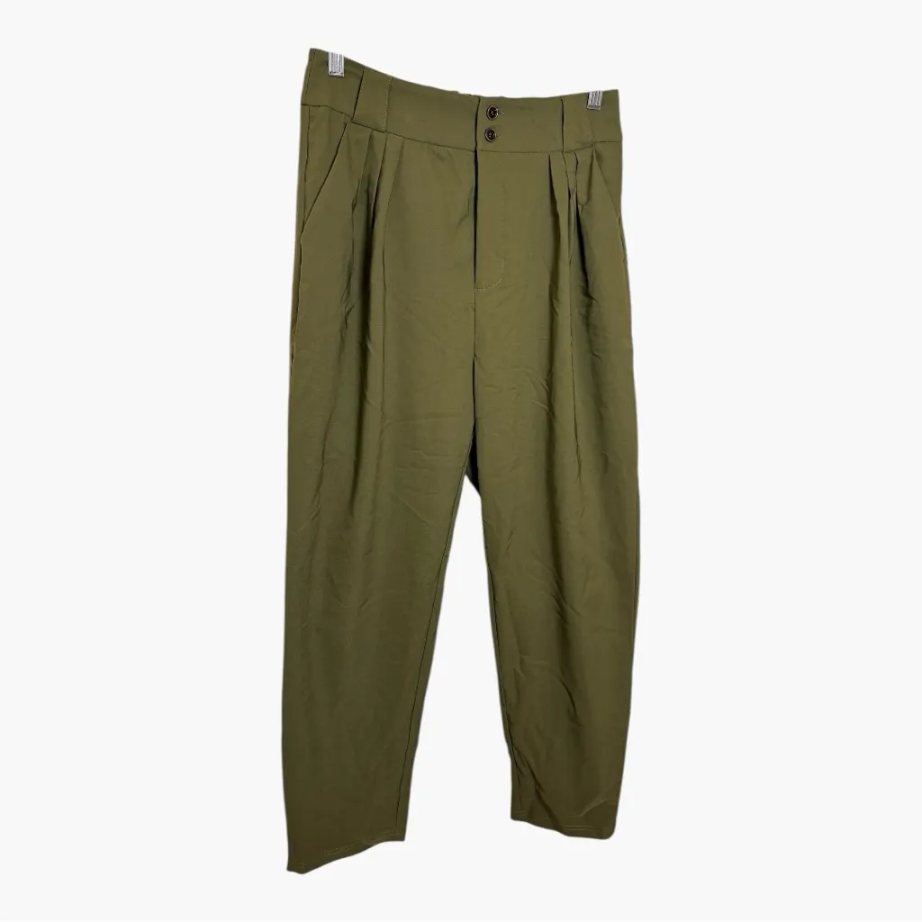Belle Poque Olive Green High Rise Pleated Trousers Elastic Back Tailored Size M Size M - Image 2