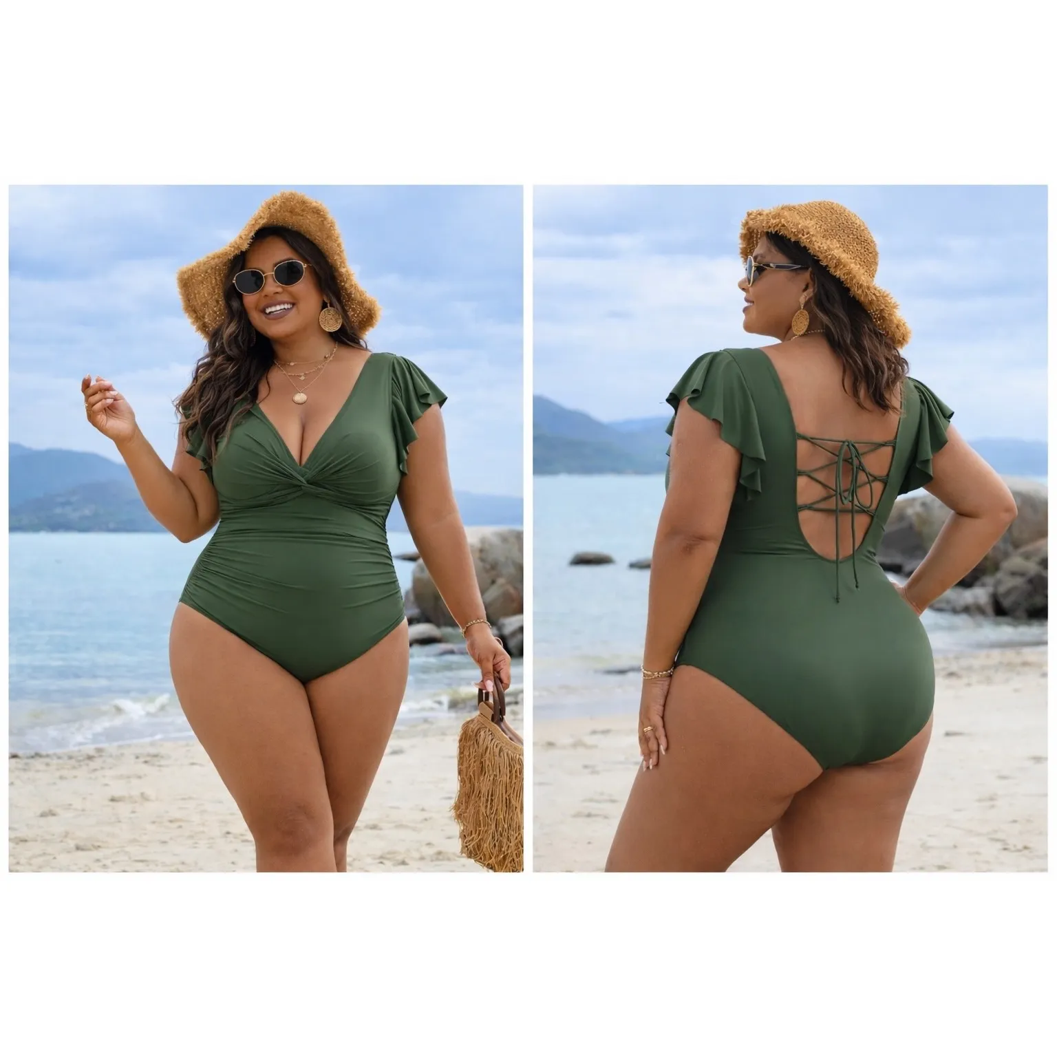 Blooming Jelly Plus Size 3XL Army Green Ruffle Sleeve Lace Up OnePiece Swimsuit - Image 2