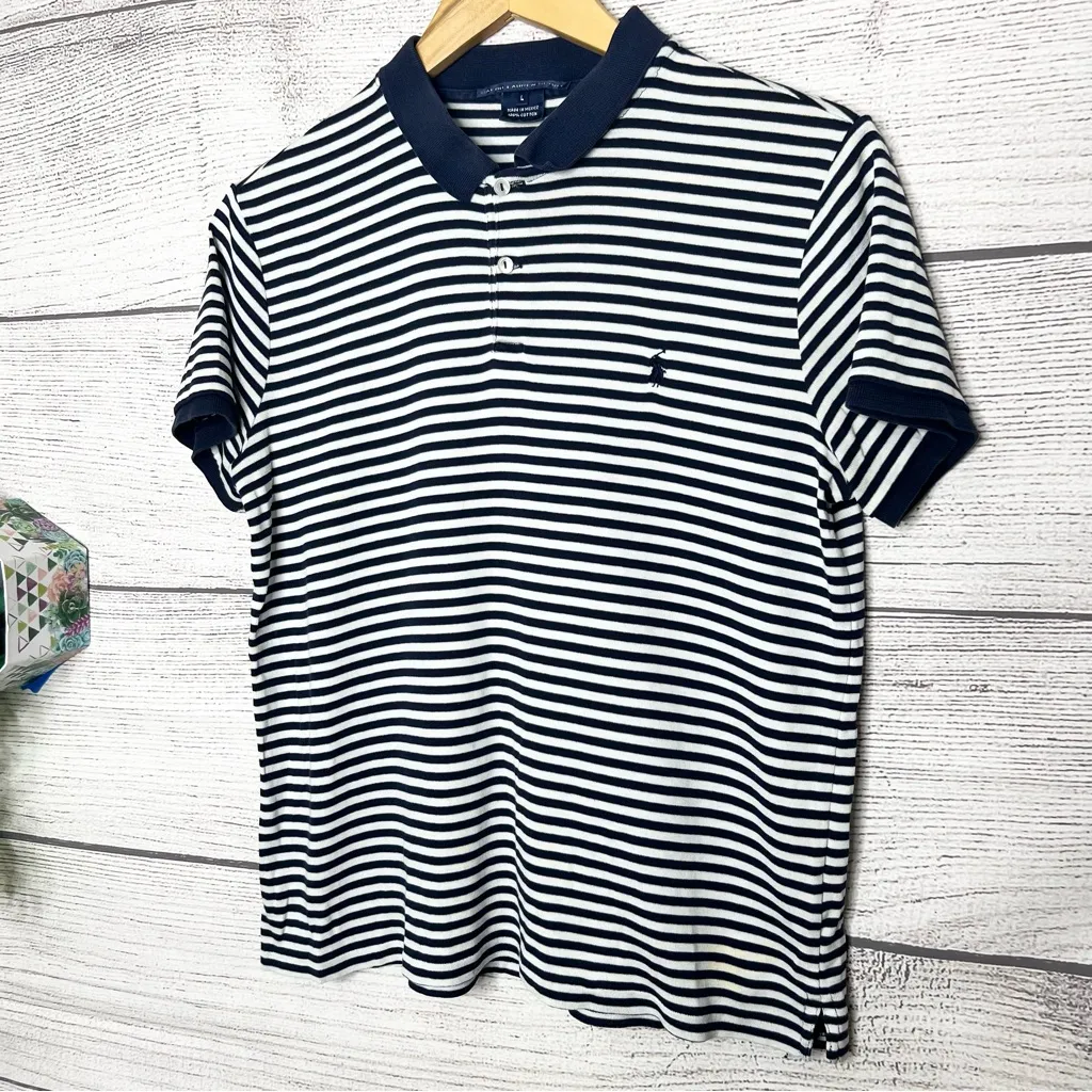 Ralph Lauren Sport Navy Blue & White Striped Women’s Polo Shirt Size Large - Image 3