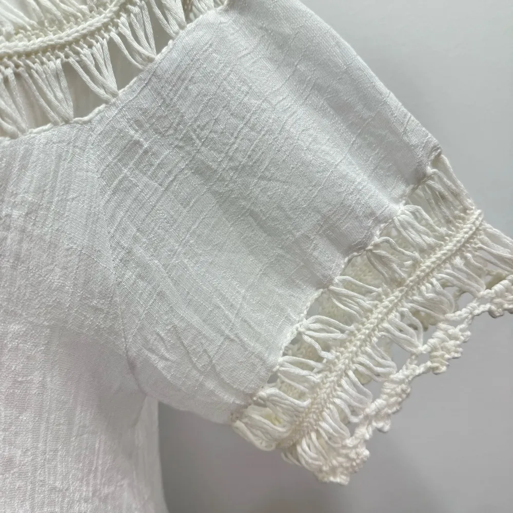 Boho Hippie White Gauzy Cotton & Crochet Lace with Fringe Top Size Medium - Image 8