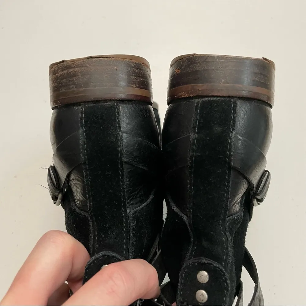 Boots Deanna Suede Leather Burnished  Buckles Straps Sheepskin Footbed Black - Image 13