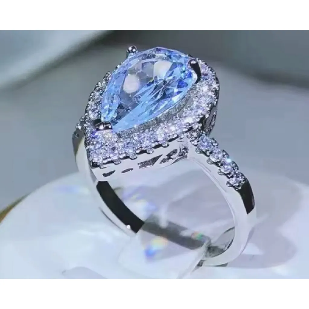 NEW‎ 3ct Rhodium Silver Pear Halo Teardrop Engagement Ring, Size 8 - Image 8