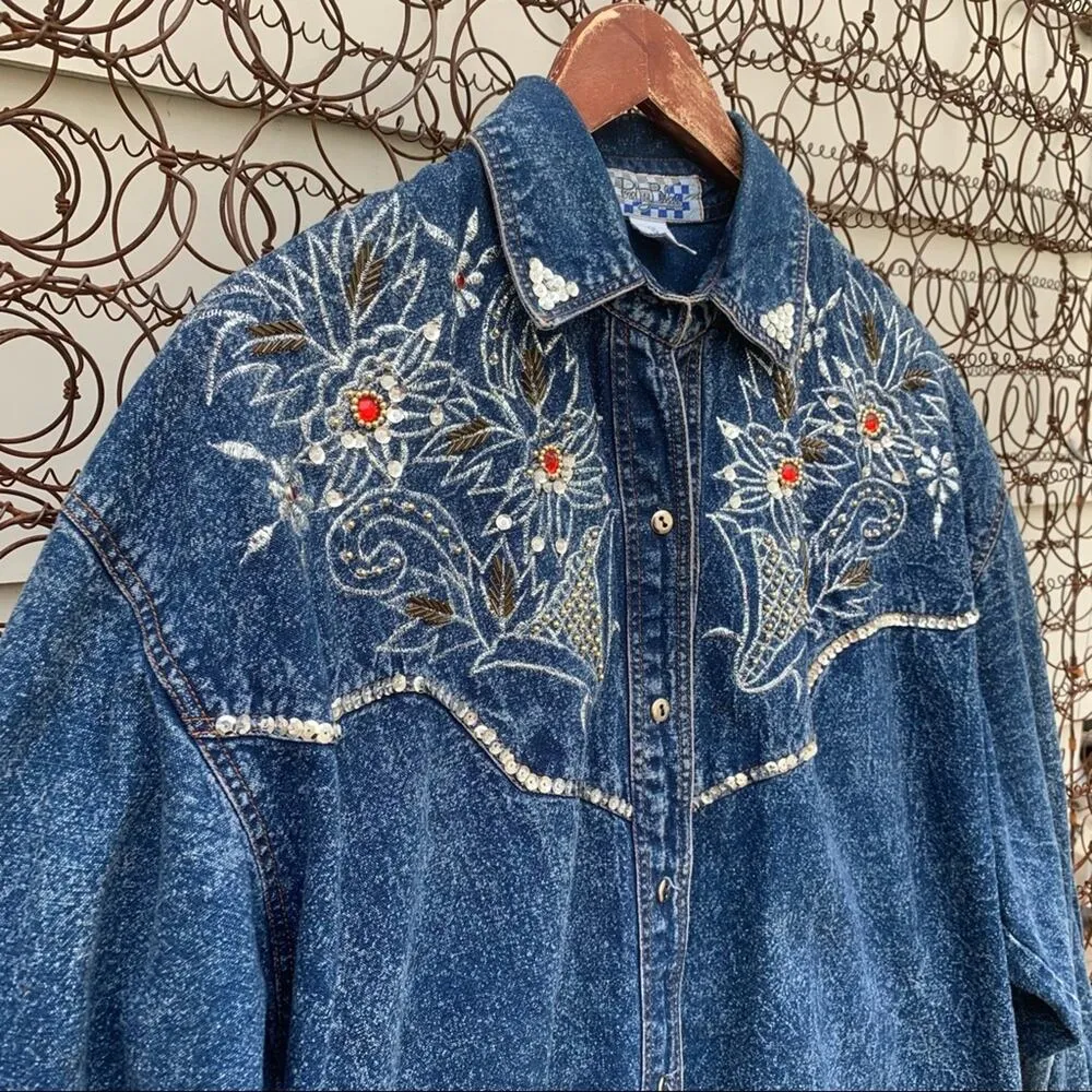 Vintage 90s acid wash denim sequin embellished shirt shacket Blue Size M - Image 3
