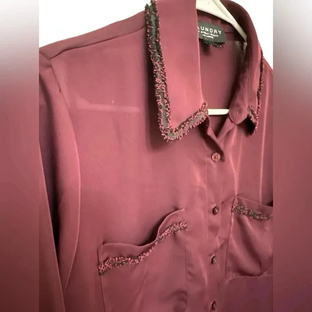 Laundry by Shelli Segal Burgundy Blouse Boucle Trim Long Sleeve Sheer - Image 3