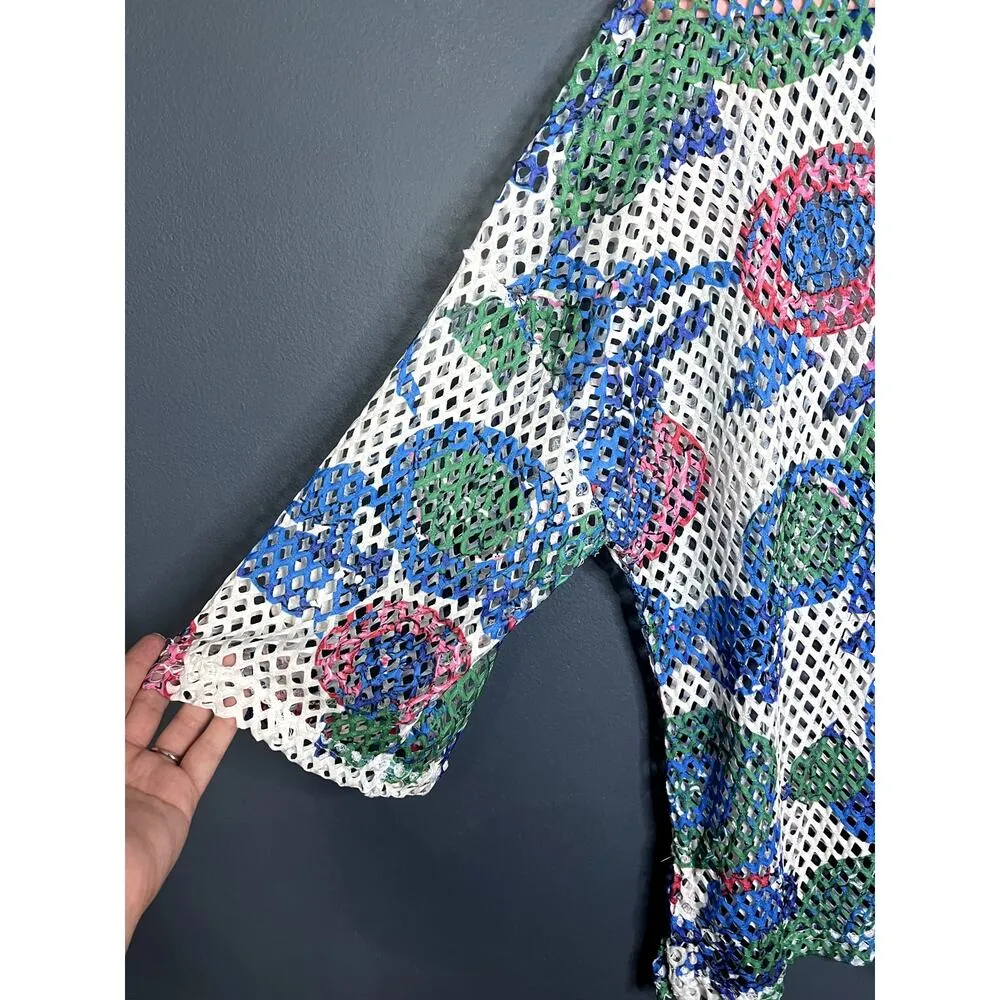 Mirror Image Open Knit Swimsuit Cover Up Coastal Grandma Cherry Floral 1x Women Blue - Image 7