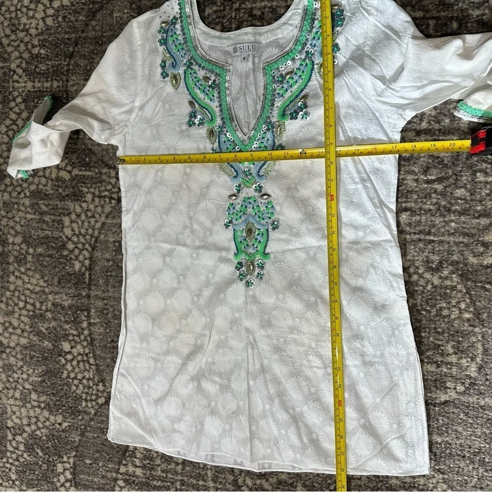 Sulu Collection Women’s Size 6 White Green Blue Embroidered Sequin Tunic Dress - Image 8
