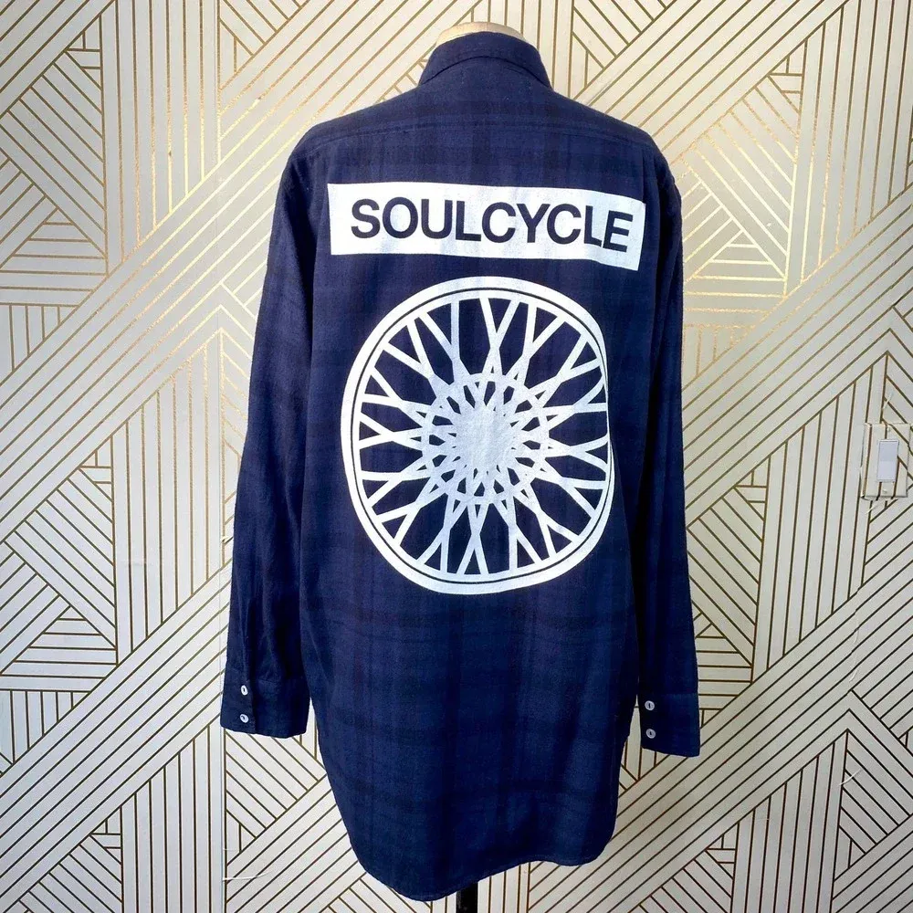SoulCycle‎ Blue Plaid Flannel Button Down Logo Top - Image 8