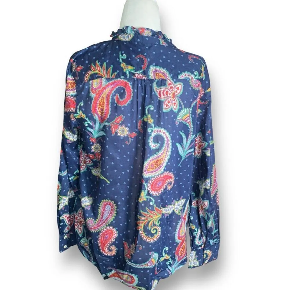 Talbots Navy Paisley Heart Print Ruffled Button-Up Long Sleeve Top Size Medium - Image 7