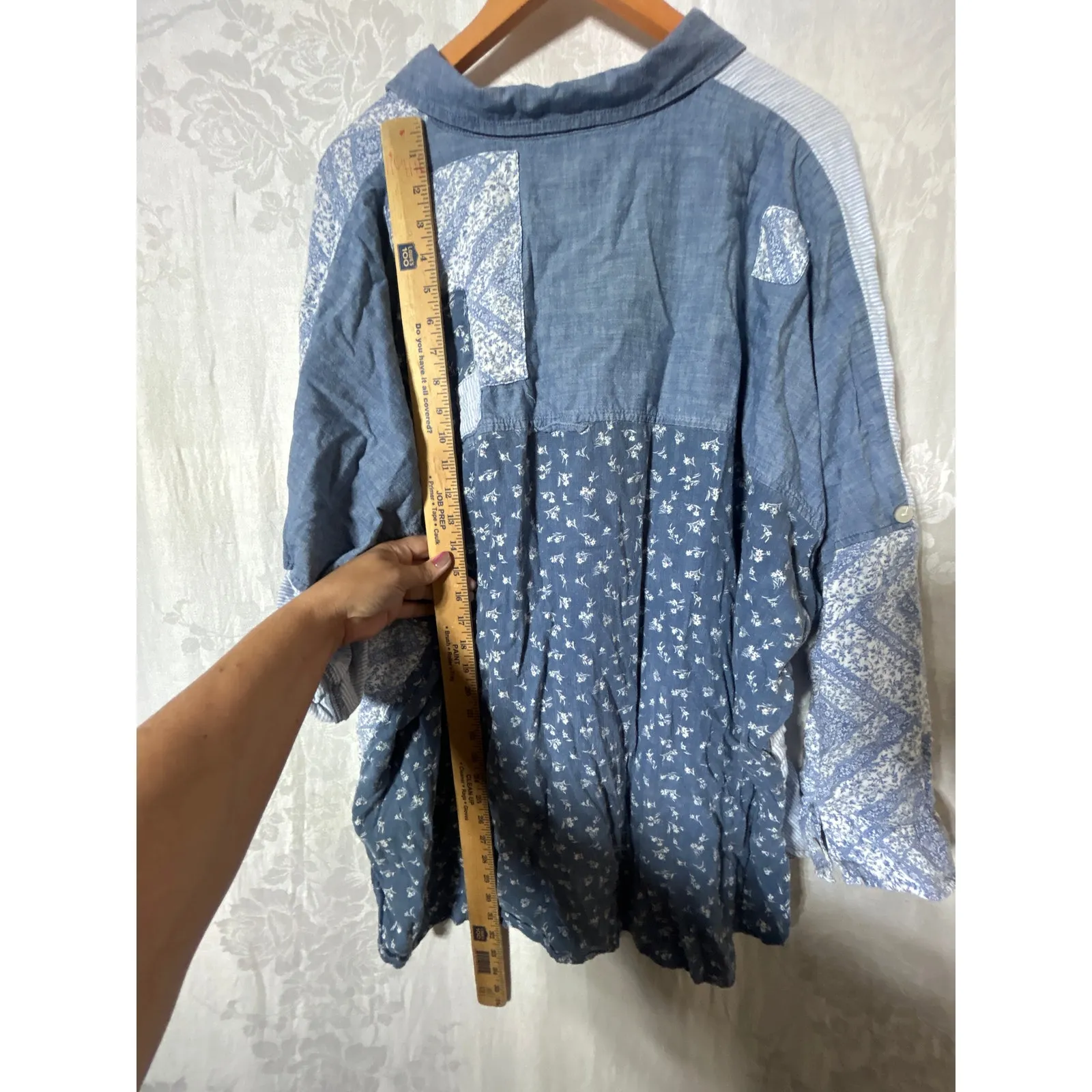 American Eagle Button Up Large Denim Look Floral Patchwork Cotton Linen - Image 10