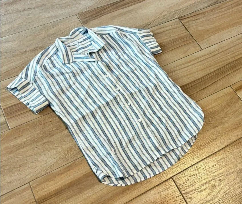 Frame Stripe Clean Collar Linen Blend Shirt In Off White Multi - Image 5