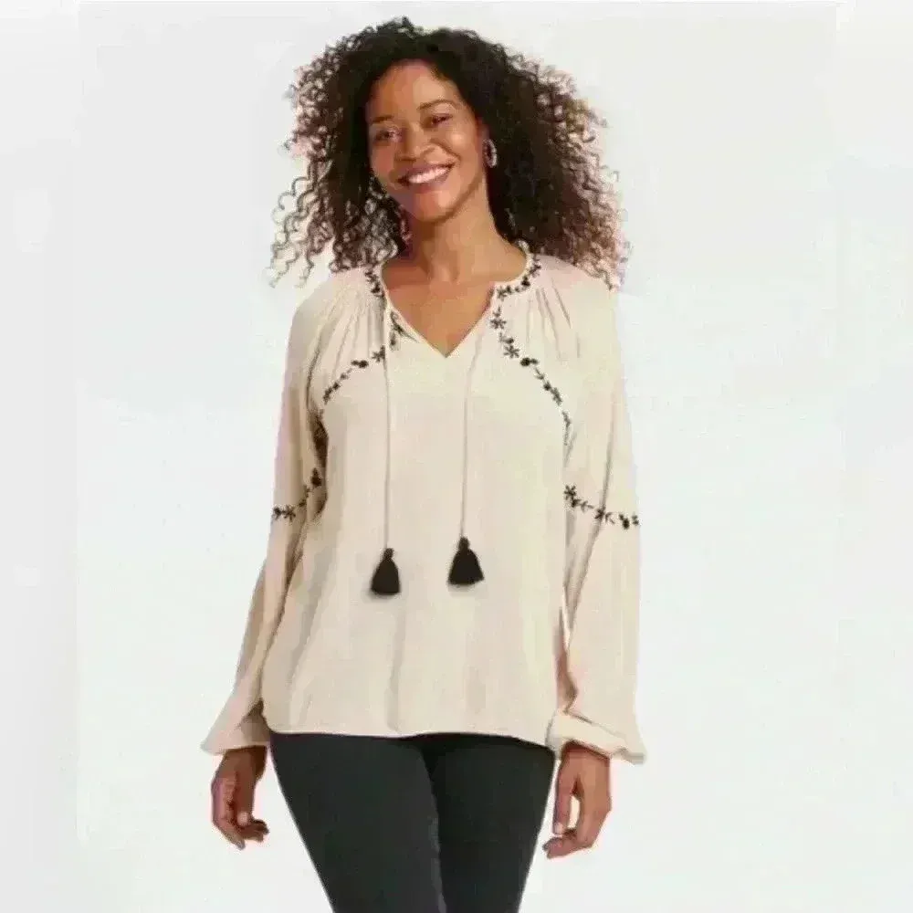 Knox Rose NWT Women’s Gauze Beige Bohemian‎ Embroidered Tassel Top Size M - Image 2
