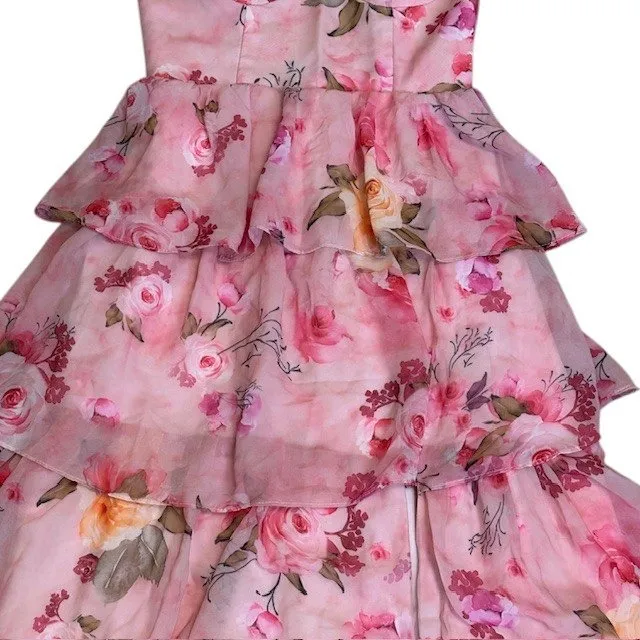 Floral Pink Maxi Dress‎ Ruffle Tiered Corset Back Party Wedding Homecoming Prom Size 8 - Image 9