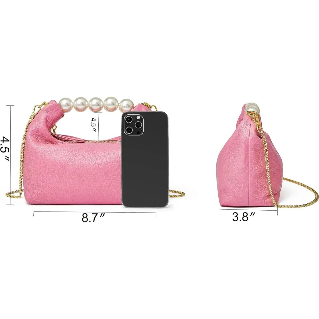 ⚡ Women's Top Handle Chain Pearl Strap Leather Crossbody Tote Pink Bag - Image 4
