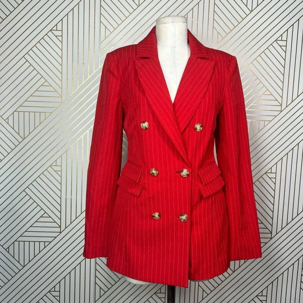 C/MEO Collective Go From Here Double Breasted Red Pinstripe Blazer Size Small - Image 3