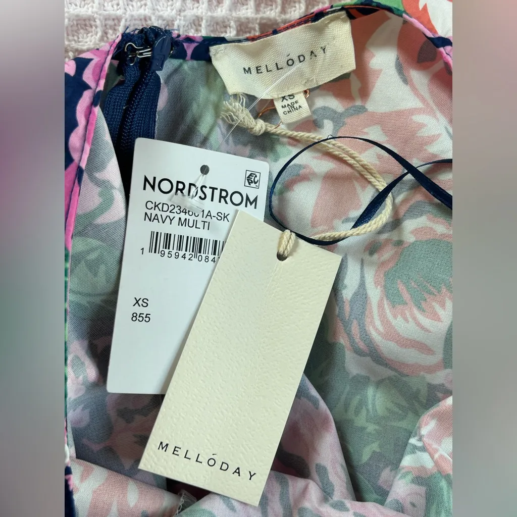 Melloday floral large puff sleeve round neck tie back mini dress pockets NWT XS - Image 6