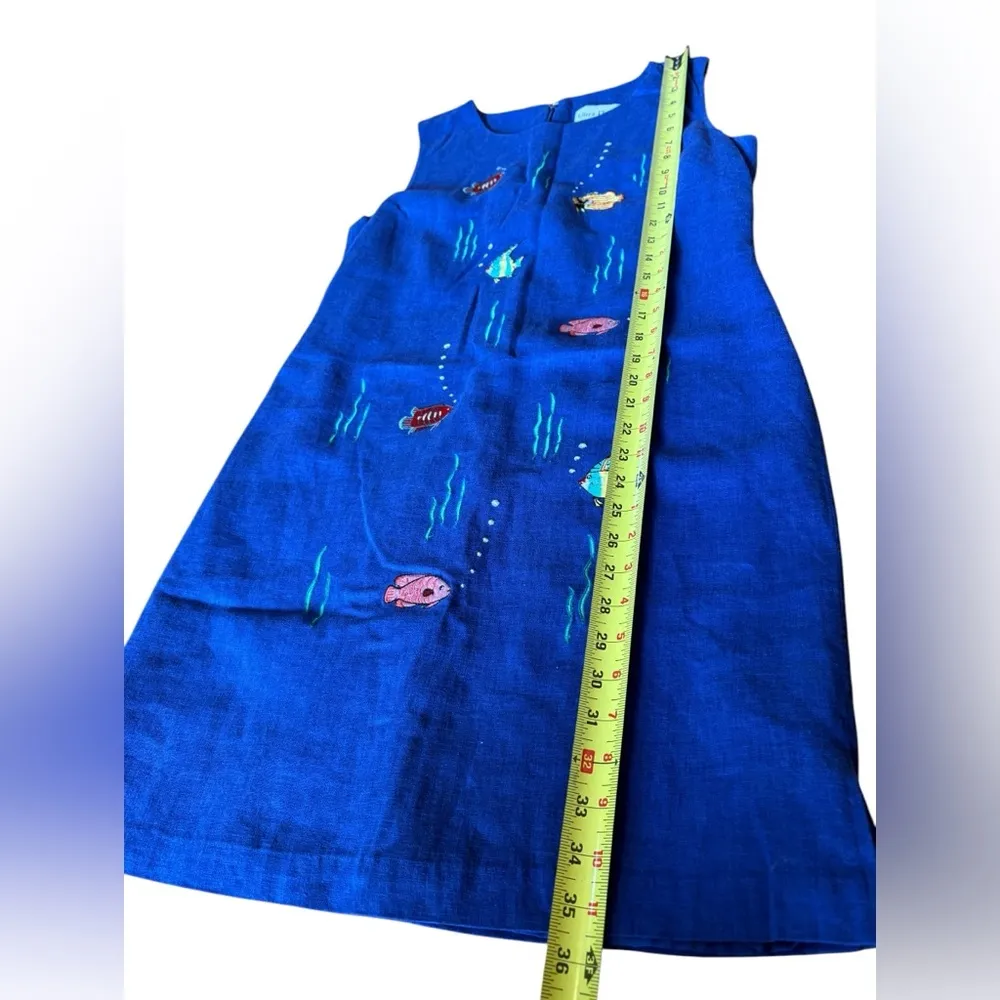 Ultra Dress Linen Sleeveless Mini Dress With Embroidered Fish Womens 12 Blue - Image 10