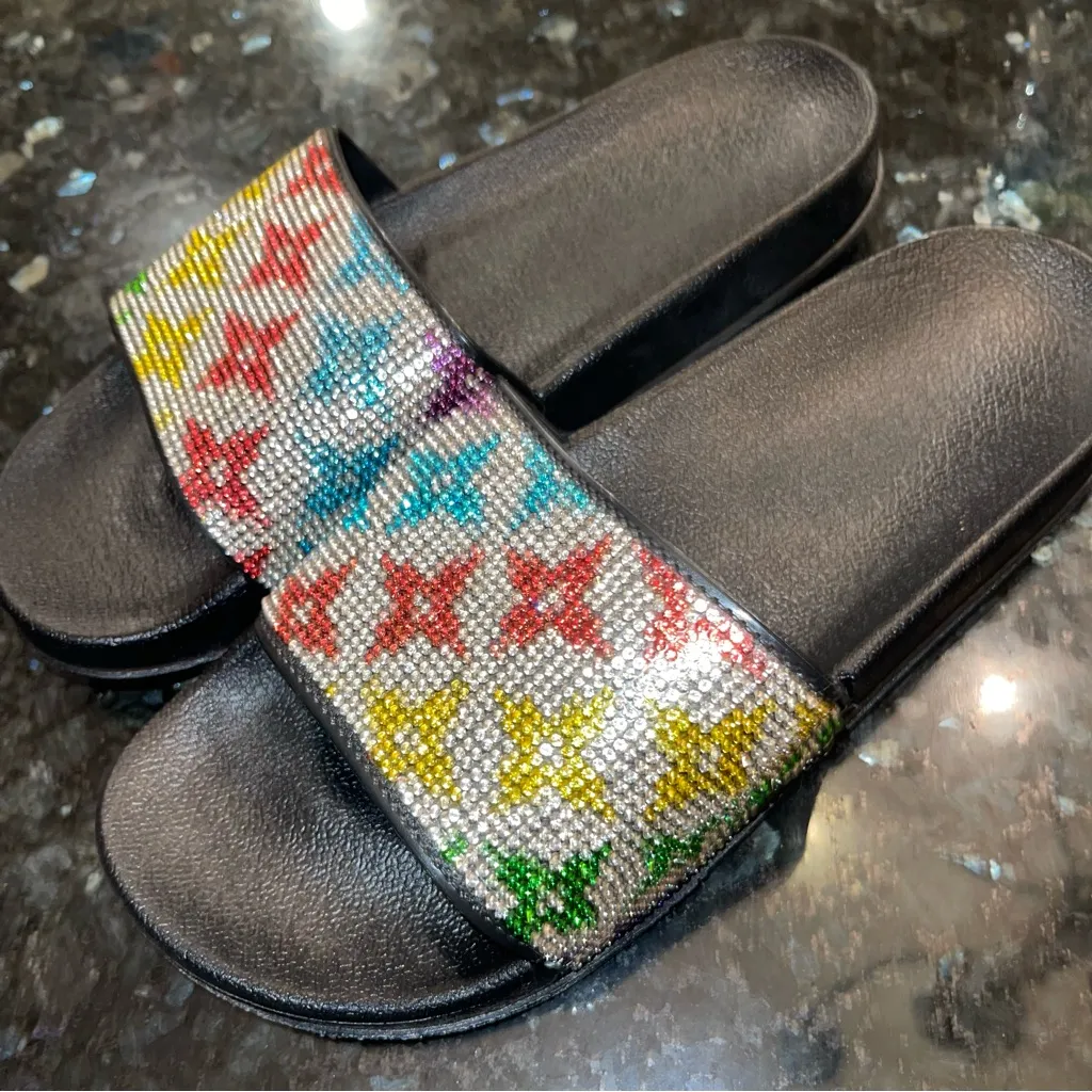 Bling Multicolor Rhinestone Slide Sandals Black Size 8 - Image 2