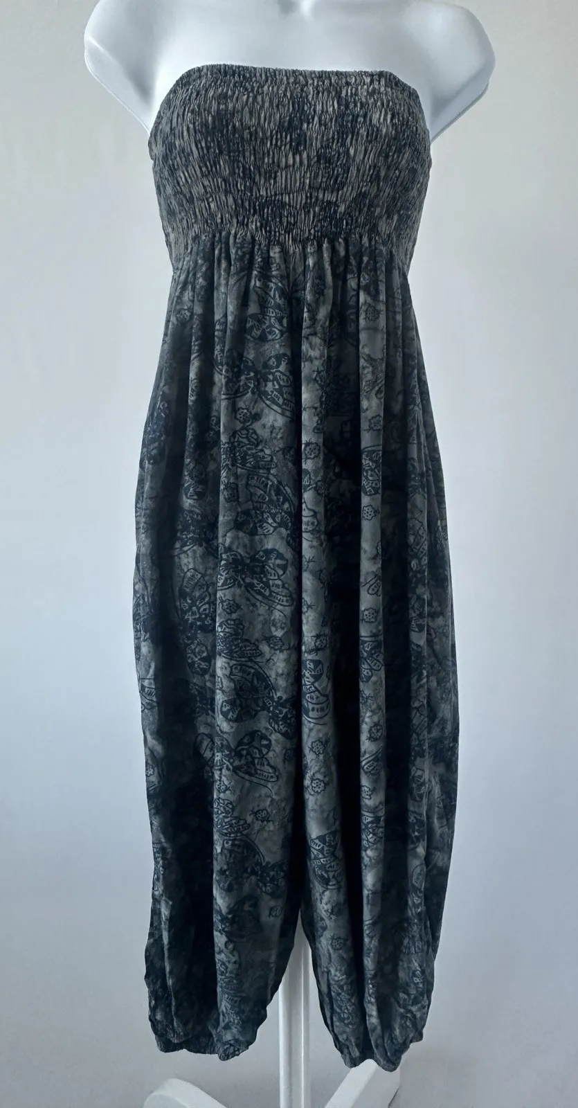 Tropical Group Hawaii Blue Gray Balloon Smocked Pant Jumpsuit, Sz: OS (b50) Boho Size undefined - Image 1