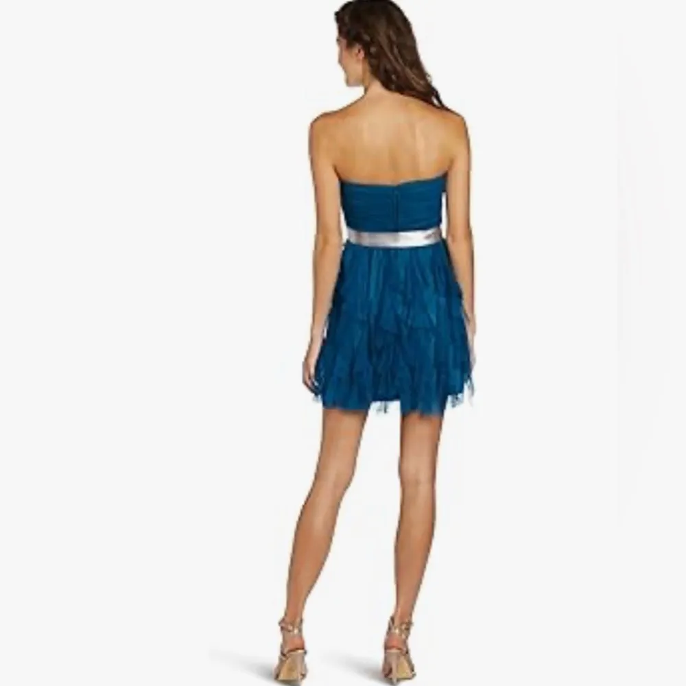 Teal green and silver belted strapless tulip mesh mini dress size 5 - Image 2