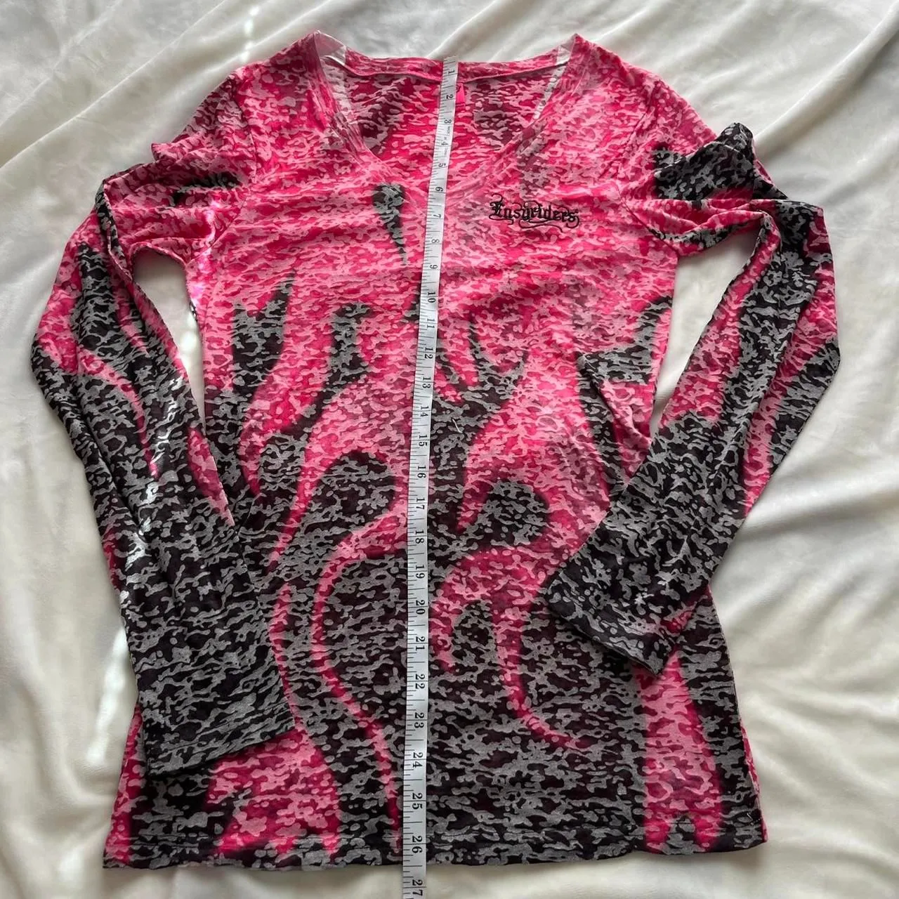 Vintage Y2K grunge biker Easyriders flame burnout pink & black mesh long sleeve Size L - Image 7