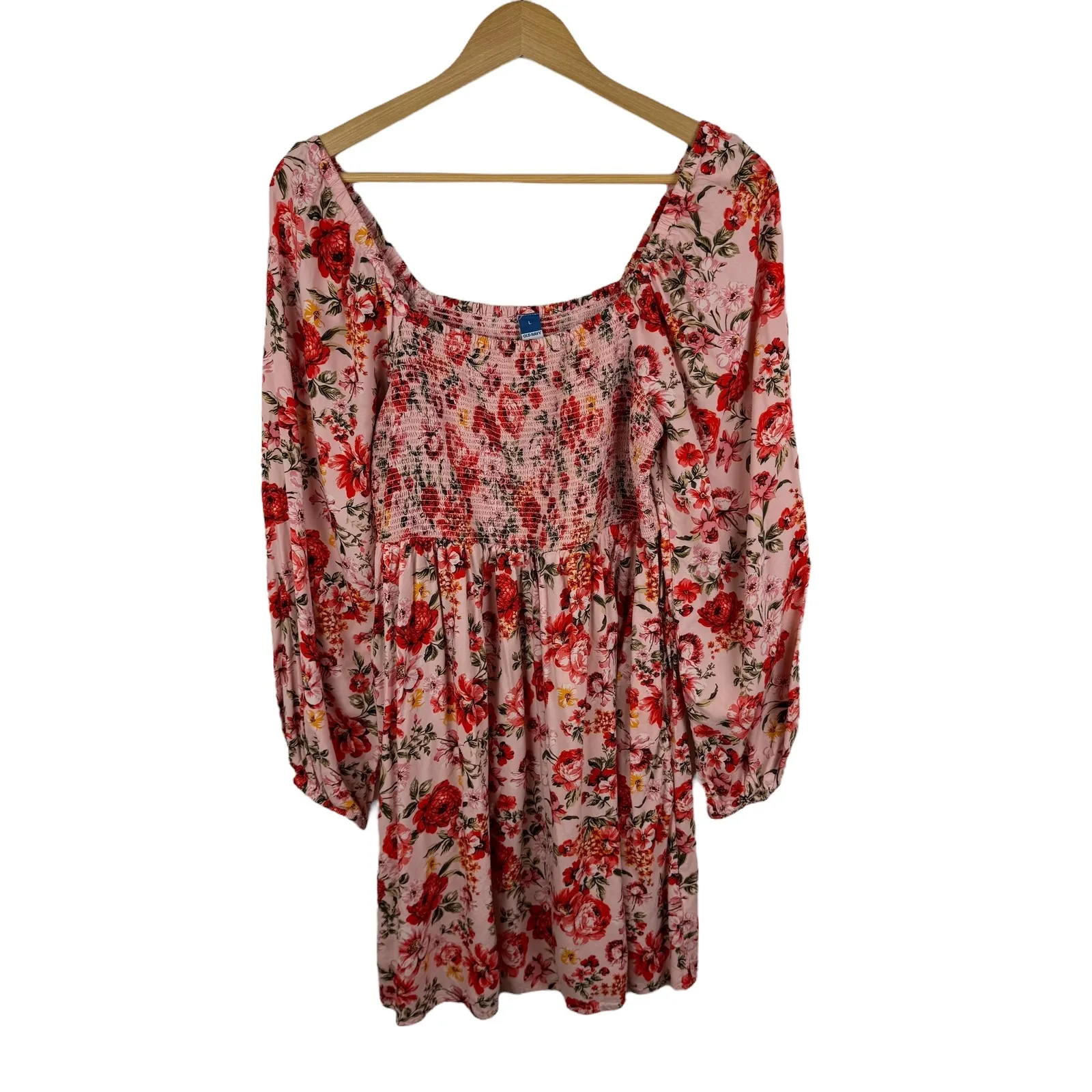 Old Navy Pink Floral Smocked Square‎ Neck Mini Dress Large Sundress Cottage Boho - Image 2