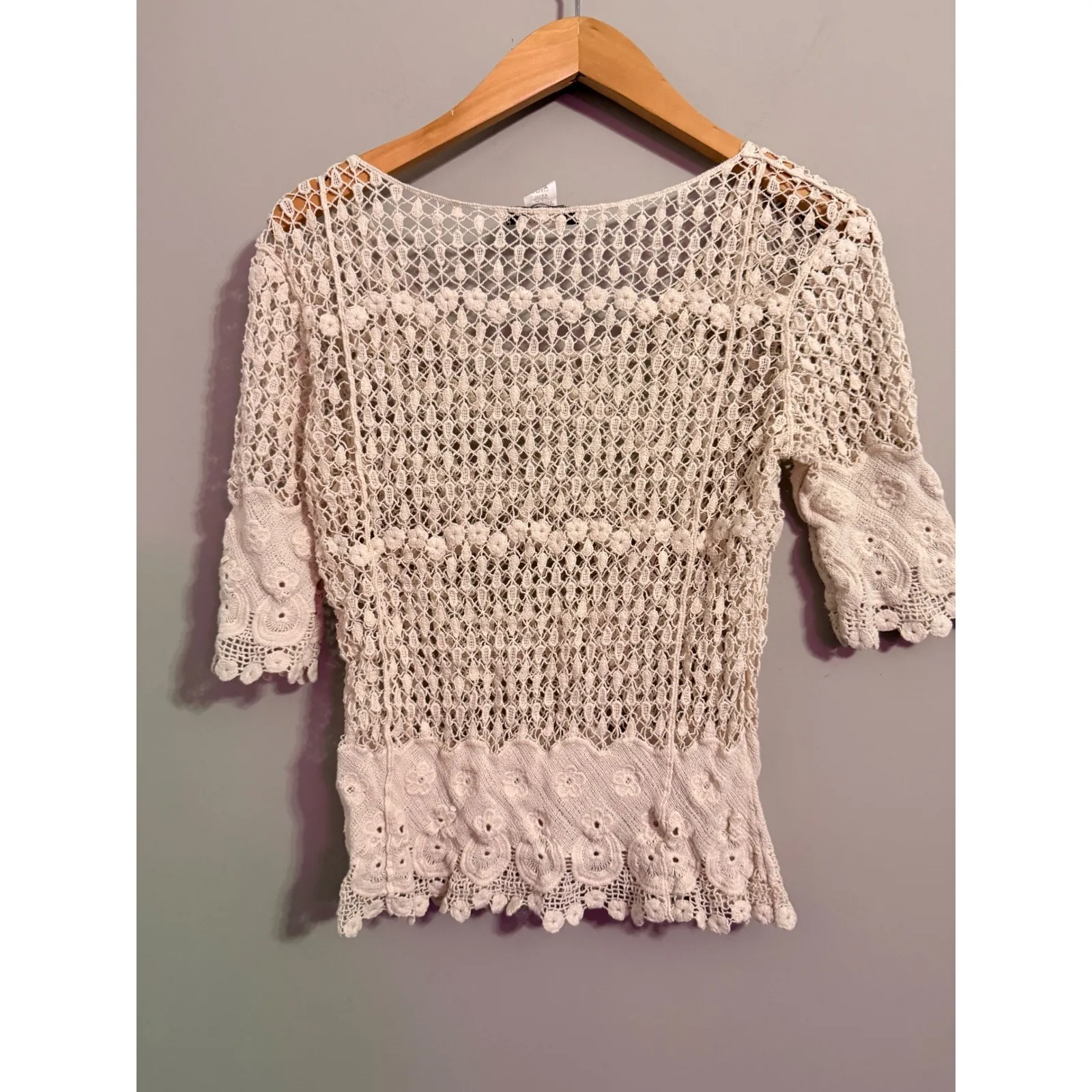 Jennie & Marlis Crochet Lace Top Ivory 3/4 Sleeve Boho Festival Women's Medium - Image 3