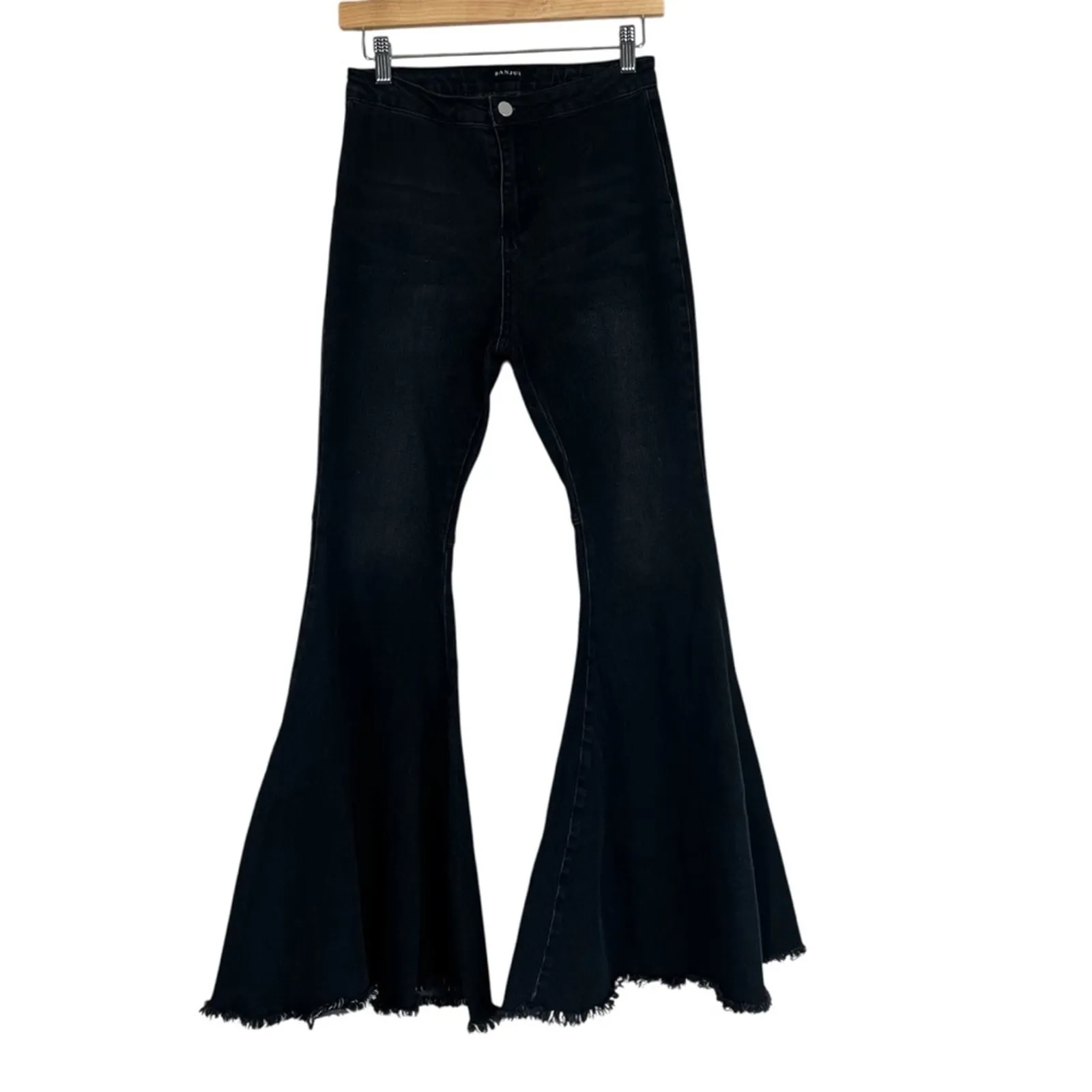 Banjul Flare Jeans Womens S Black Raw Hem Stretch High Rise 70s Retro Hippie - Image 2