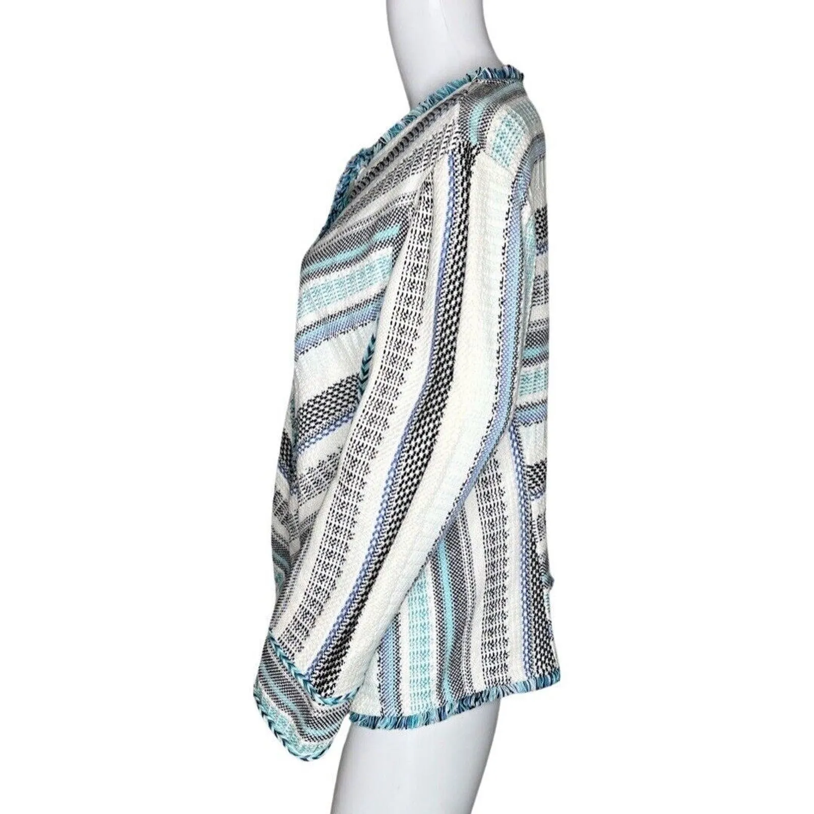 Chicos Sweater Womens Large White‎ Blue Stripe Tweed Cardigan Preppy Casual - Image 3