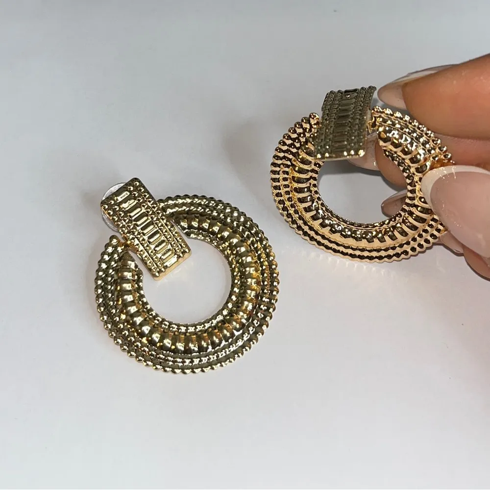 3 for $25 Textured Metal Round Drop Earrings Gold - Image 4