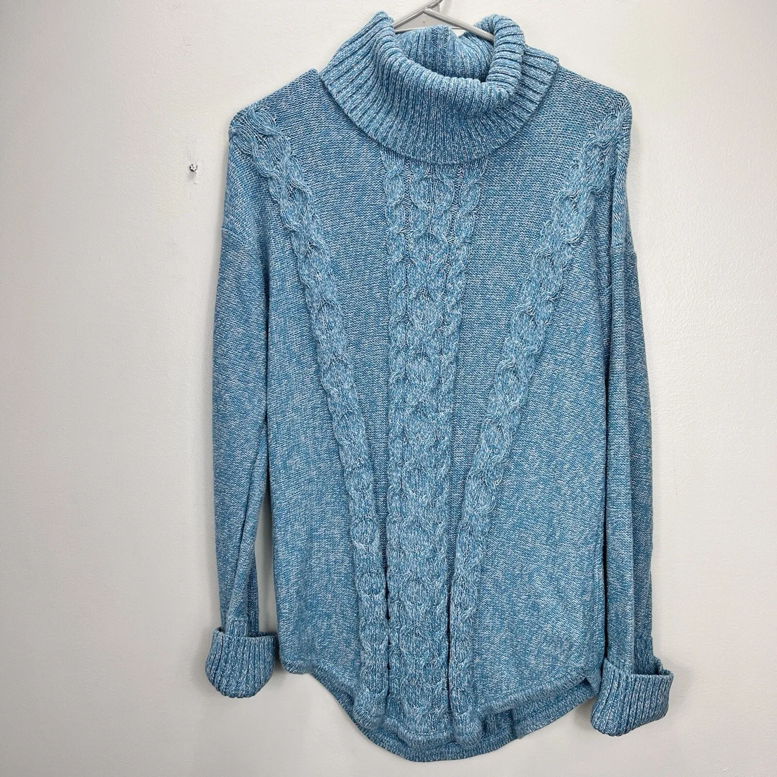 LL Bean Teal Marled Double L Mixed Cable Turtleneck Sweater Size MEDIUM - Image 2