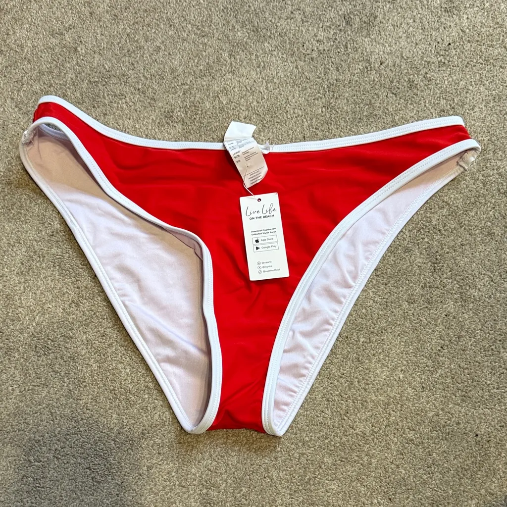 Cupshe Scarlet Red White Trim Cheeky Bikini Swim Bottoms Size L - Image 3