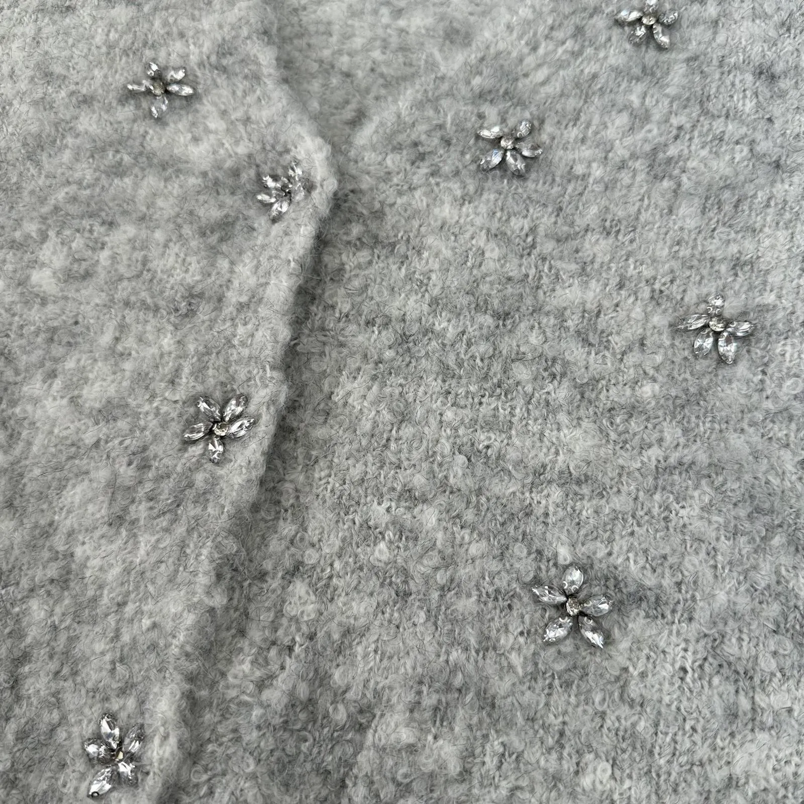 Wool Blend Rhinestone Flower Detail Fuzzy Cardigan All in Favor NWT Grey XS - Image 6