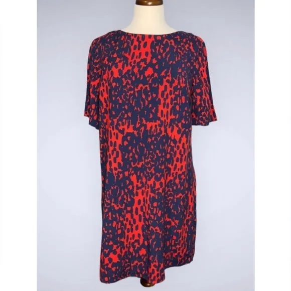 ASOS Red & Blue Abstract Print Boat Neck Short Sleeve Shift Casual Work Dress 10 - Image 2