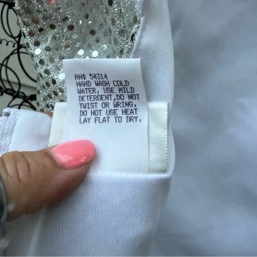 Vintage 90s Maurices Silver Sparkle Mini Dress Gown Party Glam Disco 7/8 - Image 9