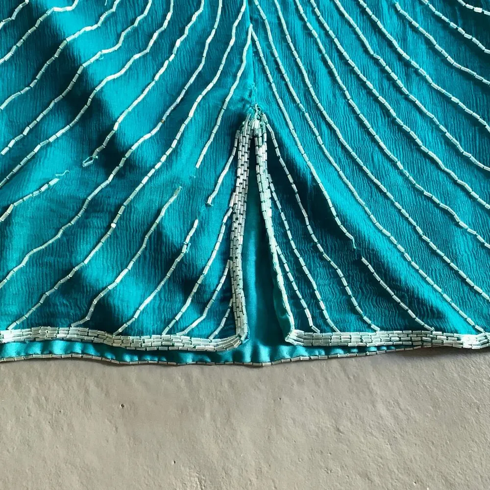 Vintage Mark & John Green Beaded Silk Bejeweled 1960s Turquoise Cocktail Dress M Size M - Image 9