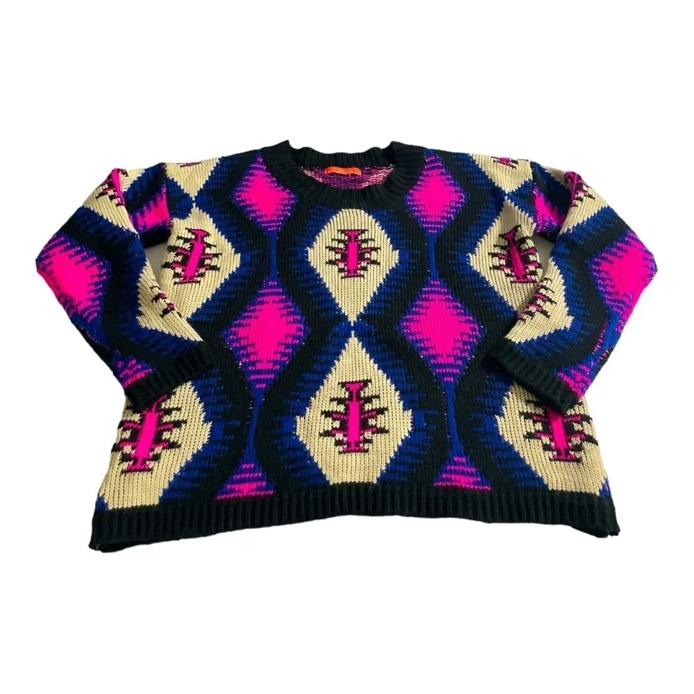 Lulumari Aztec Tribal Knit Sweater Pink Blue Cream One Size - Image 4