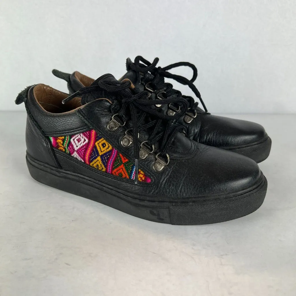 Inkkas Leather Sneaker Shoes Womens 7 Mens 4 Black Embroidered‎ Aztec Multicolor - Image 14