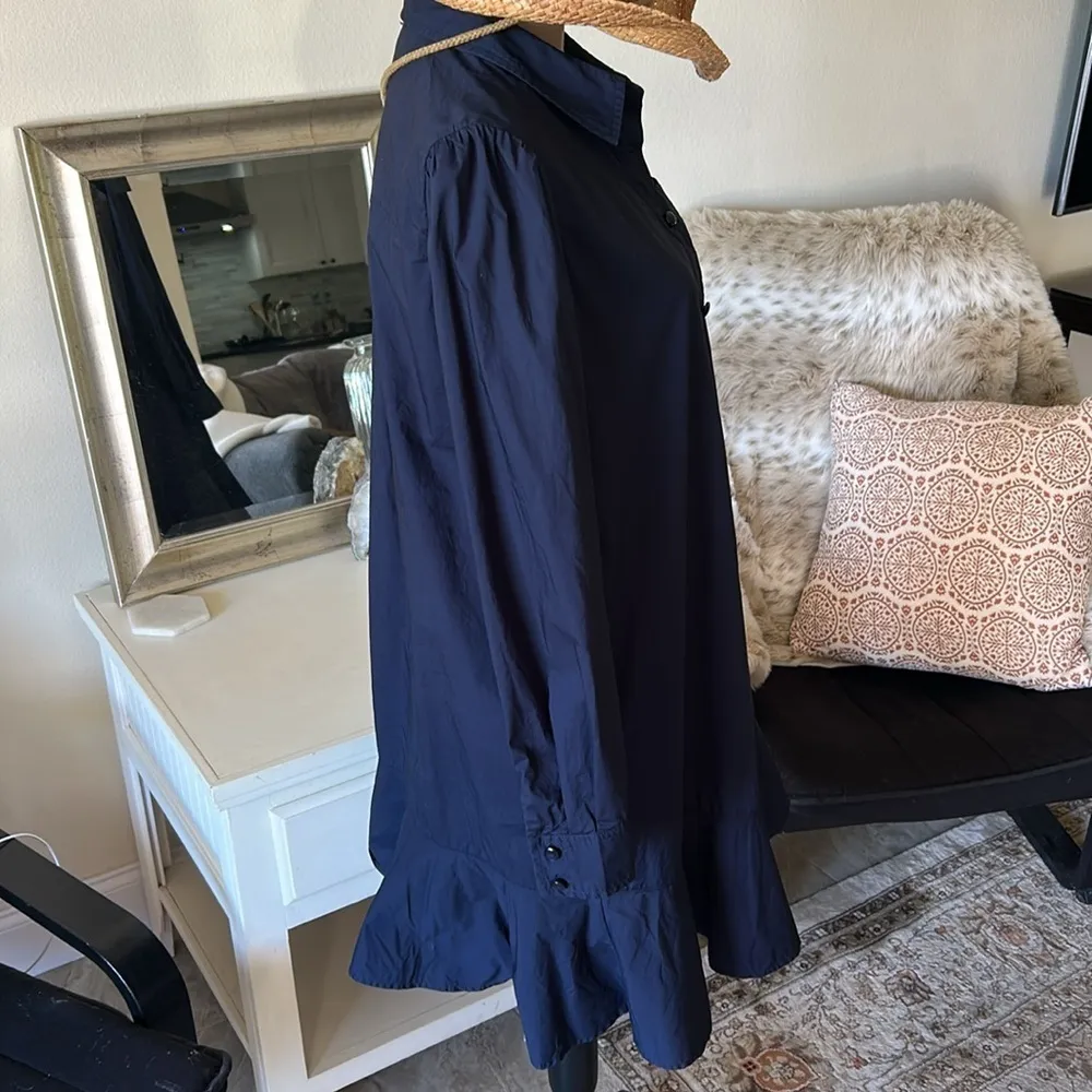 Cynthia Rowley navy 100% cotton pop over long sleeve shirt dress ruffle hem M‌ - Image 9