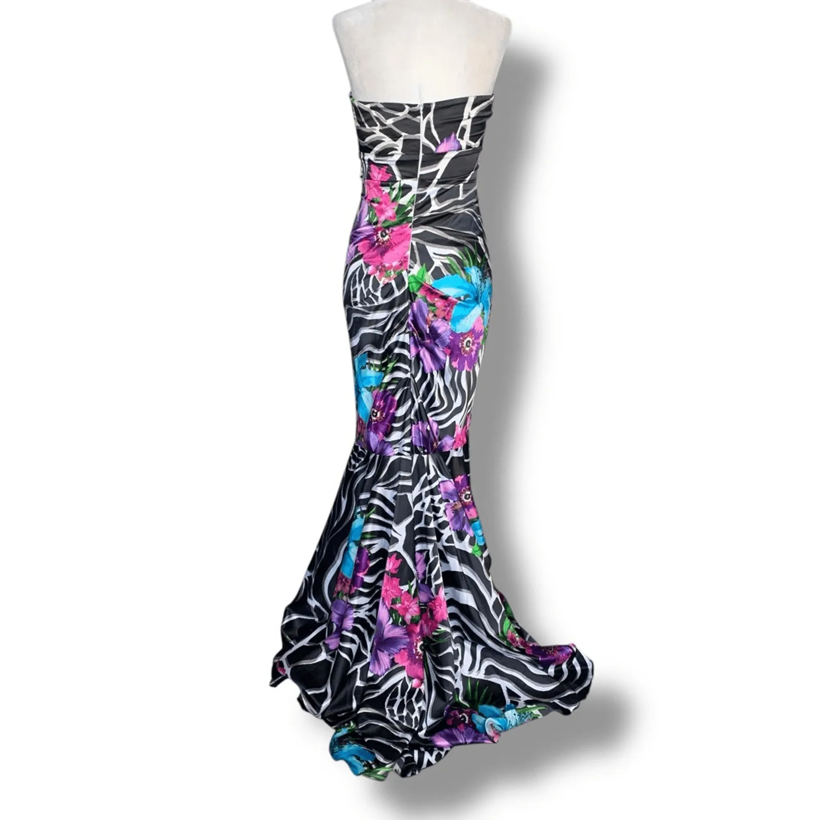 Vintage Cache Maxi Zebra Floral Mermaid Gown Strapless Corset Jeweled Brooch 4 Black - Image 7