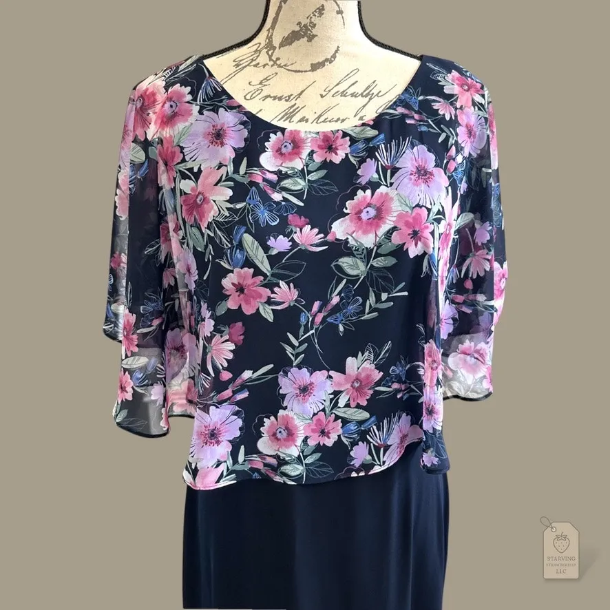 Navy Sheath Dress with Floral Chiffon Cape Overlay Size 6 Special Occasion - Image 2